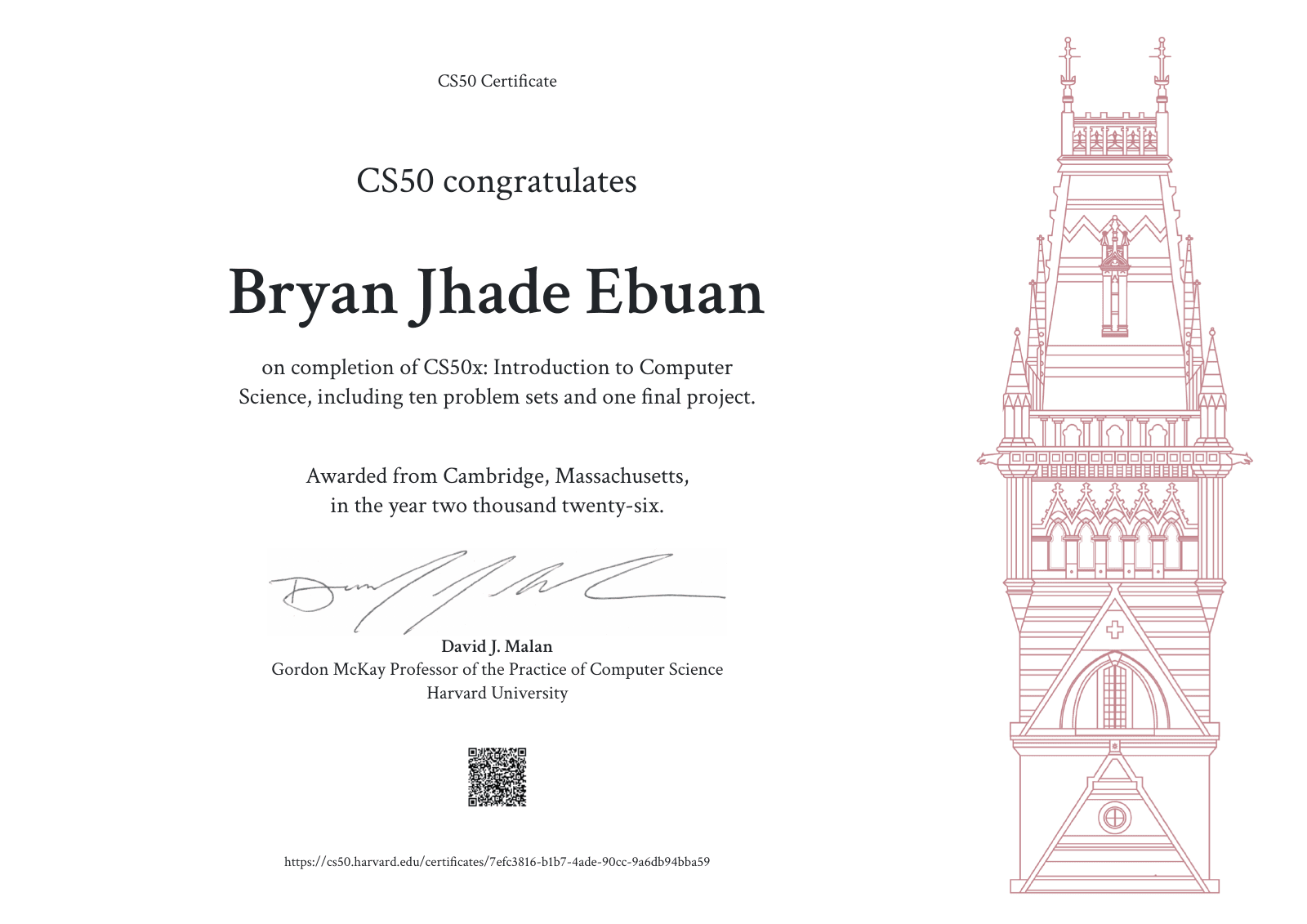 CS50x: Introduction to Computer Science certificate awarded to Bryan Jhade Ebuan