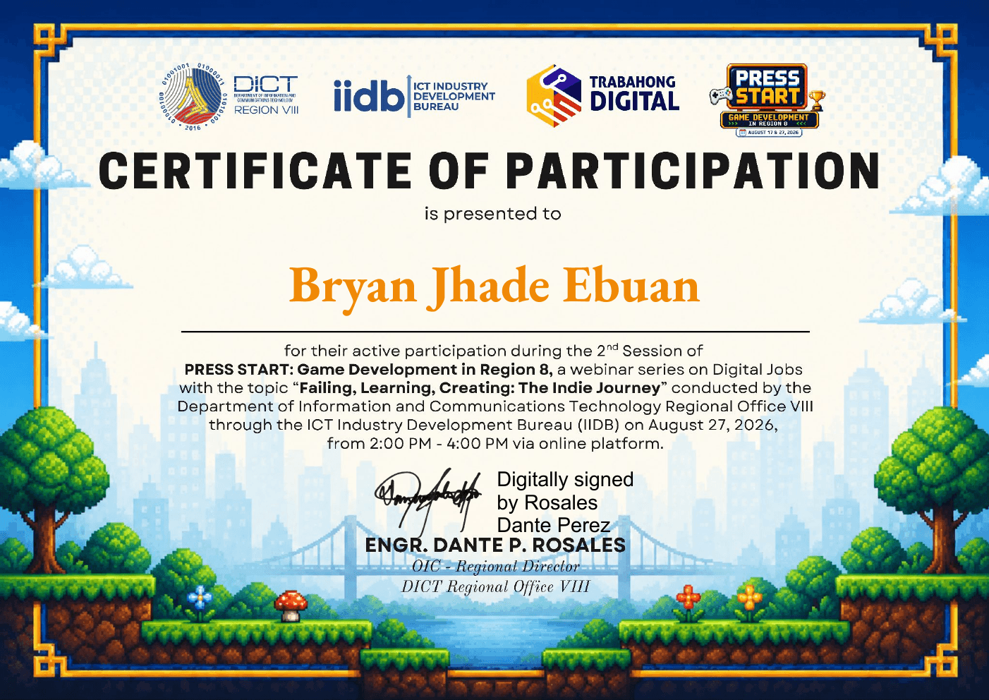 DICT game development certificate awarded to Bryan Jhade Ebuan