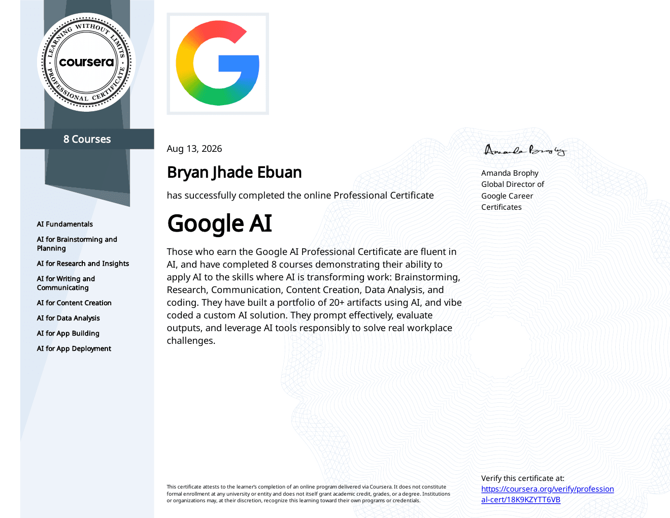 Google AI Professional Certificate awarded to Bryan Jhade Ebuan