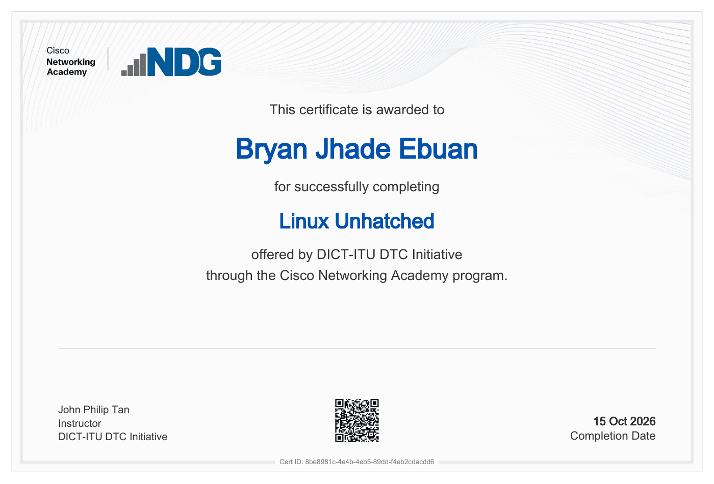 Linux Unhatched certificate awarded to Bryan Jhade Ebuan