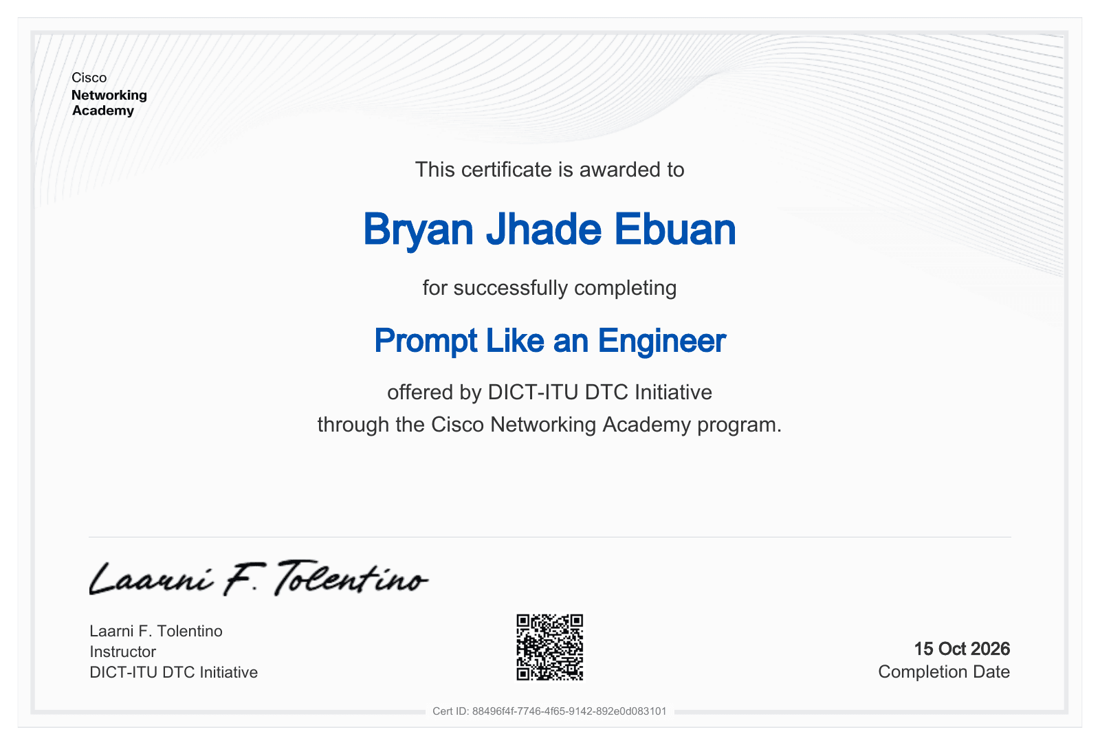 Prompt Like an Engineer certificate awarded to Bryan Jhade Ebuan